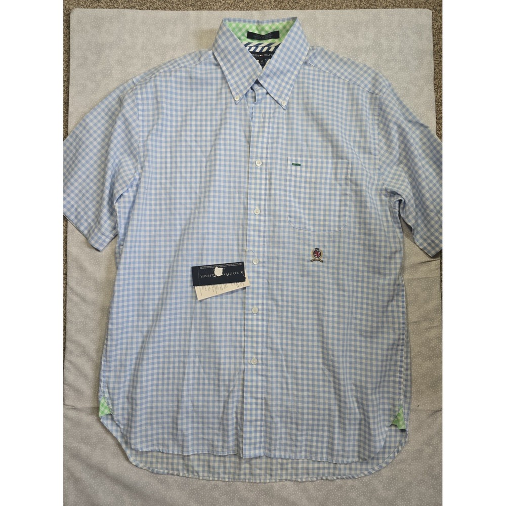 Vintage Tommy Hilfiger Button Up Shirt Short Sleeve Size M Blue/White Y2K NWTs